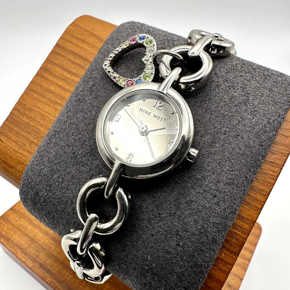 Nine West Silver Tone Heart Charm Bracelet Watch Quartz Analog